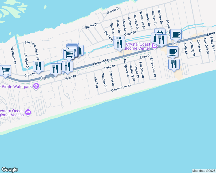 map of restaurants, bars, coffee shops, grocery stores, and more near 8626 Ocean View Drive in Emerald Isle