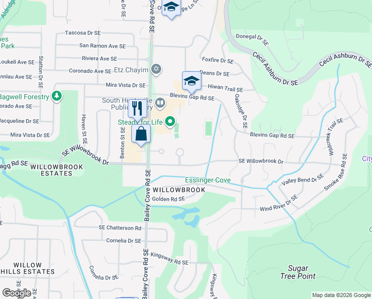 map of restaurants, bars, coffee shops, grocery stores, and more near 8205 Willowbrook Circle Southeast in Huntsville