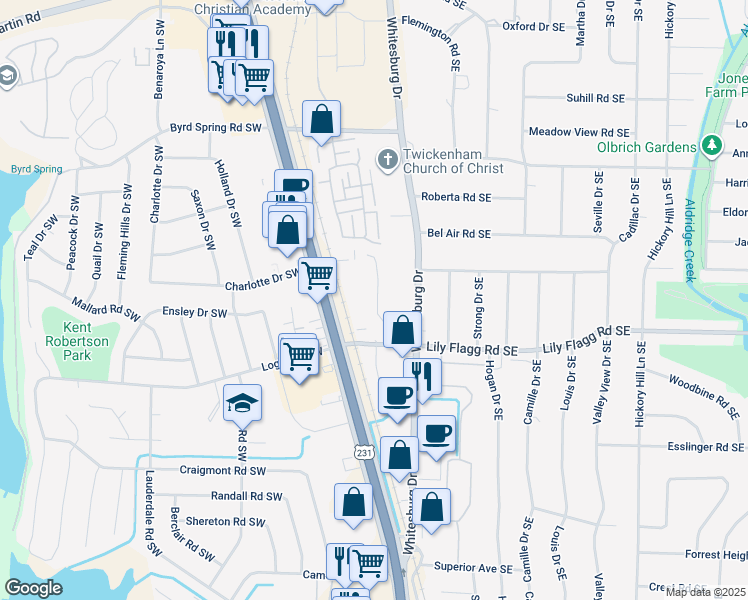 map of restaurants, bars, coffee shops, grocery stores, and more near 8148 Oldfield Road Southwest in Huntsville