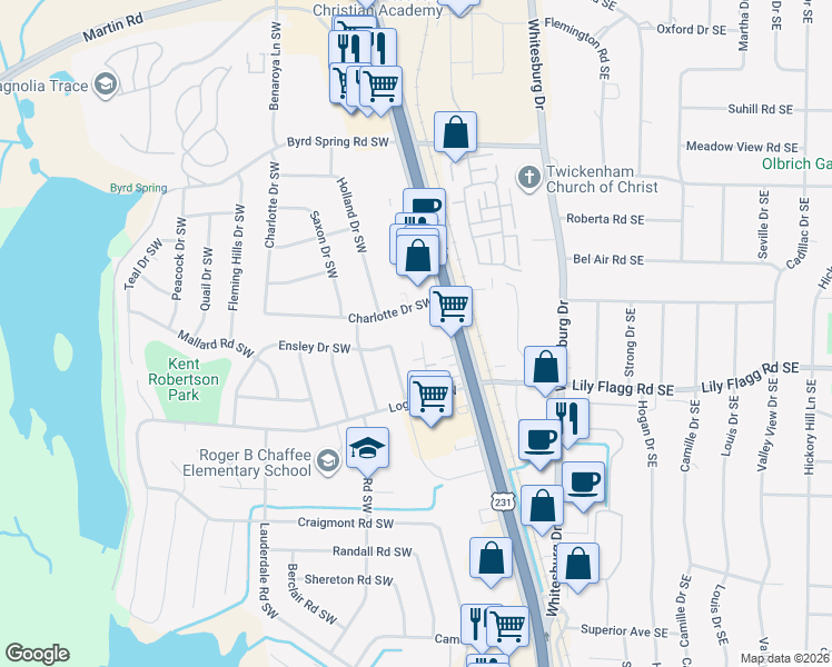 map of restaurants, bars, coffee shops, grocery stores, and more near 7912 Ensley Drive Southwest in Huntsville