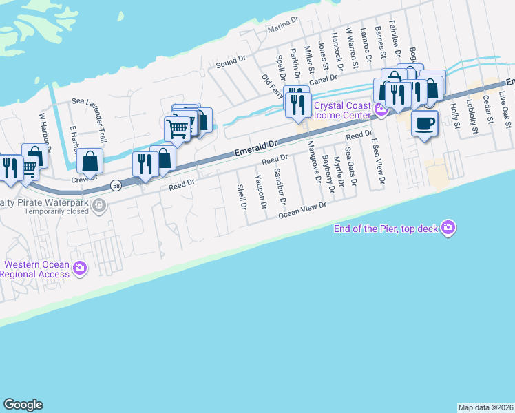 map of restaurants, bars, coffee shops, grocery stores, and more near 103 Shell Dr in Emerald Isle
