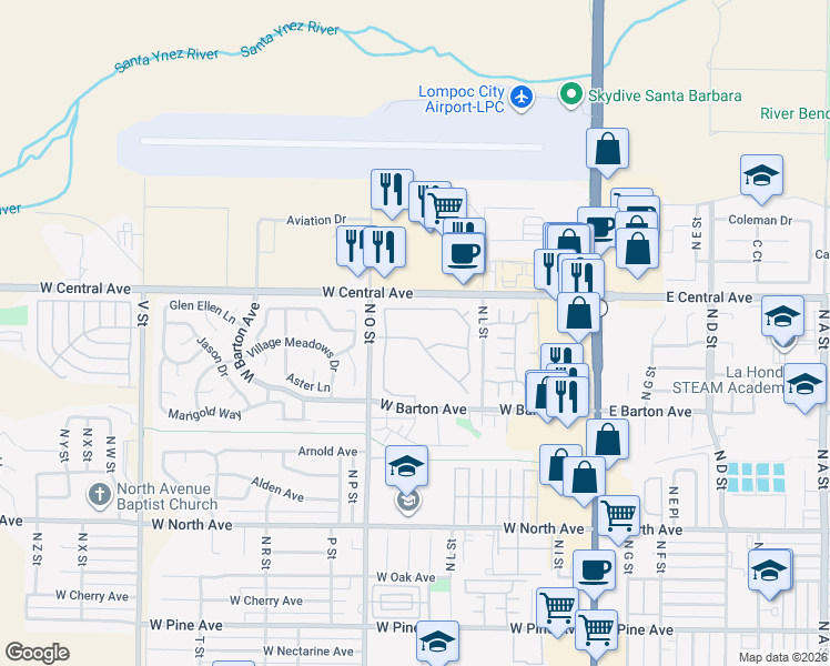 map of restaurants, bars, coffee shops, grocery stores, and more near 1309 Stonebrook Drive in Lompoc