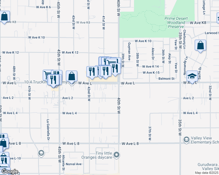 map of restaurants, bars, coffee shops, grocery stores, and more near 4052 West Avenue L in Lancaster