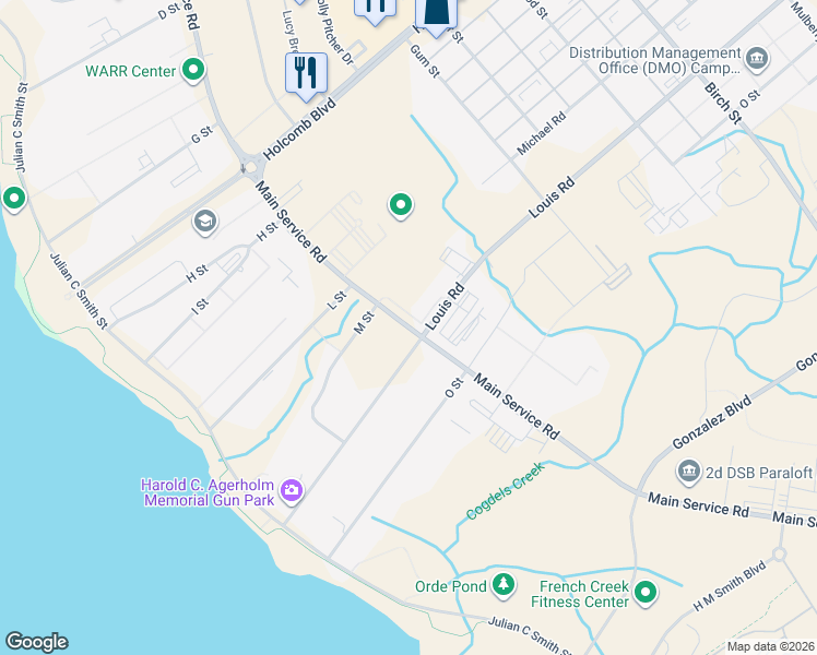 map of restaurants, bars, coffee shops, grocery stores, and more near 67 McHugh Boulevard in Camp Lejeune