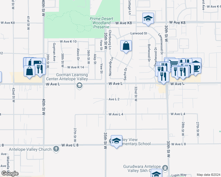map of restaurants, bars, coffee shops, grocery stores, and more near 3344 West Avenue L in Lancaster