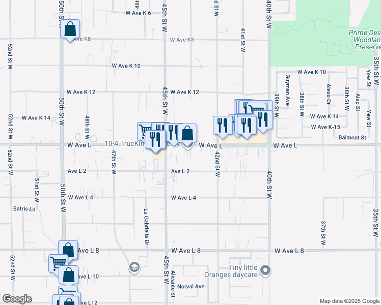 map of restaurants, bars, coffee shops, grocery stores, and more near 4302 West Avenue L in Lancaster