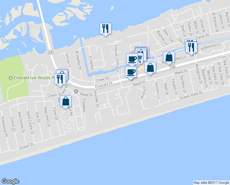 map of restaurants, bars, coffee shops, grocery stores, and more near 8823 Janelle Lane in Emerald Isle