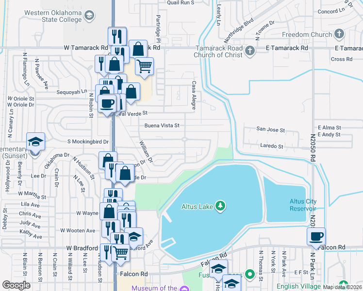 map of restaurants, bars, coffee shops, grocery stores, and more near 320 Paseo De Vida Street in Altus