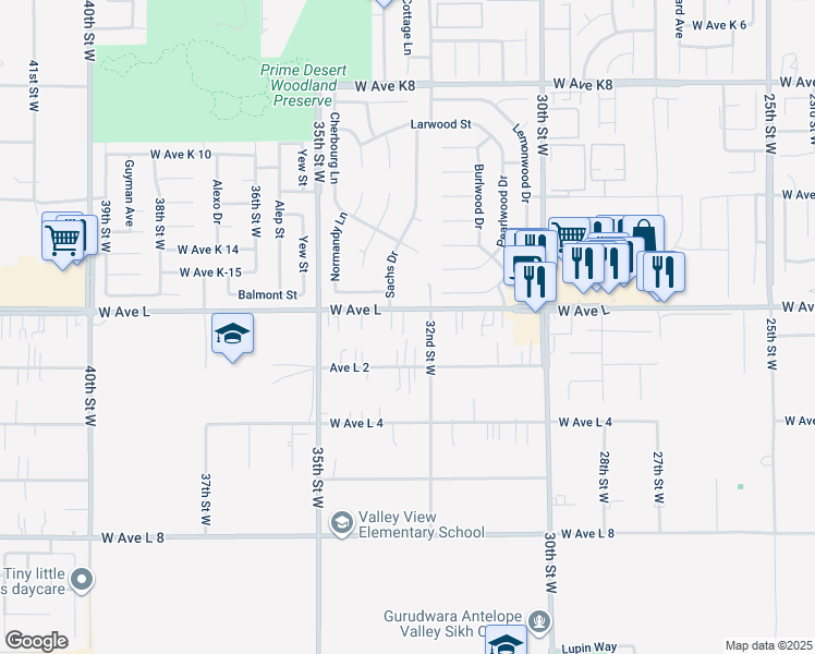 map of restaurants, bars, coffee shops, grocery stores, and more near 3224 West Avenue L in Lancaster