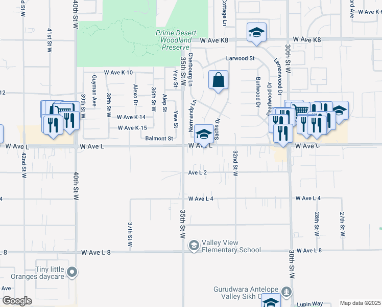 map of restaurants, bars, coffee shops, grocery stores, and more near 3344 West Avenue L in Lancaster