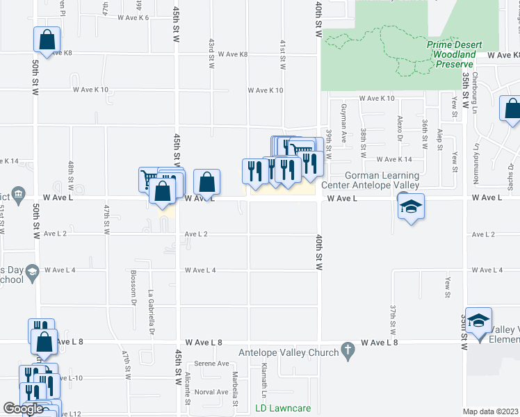 map of restaurants, bars, coffee shops, grocery stores, and more near 4136 West Avenue L in Lancaster