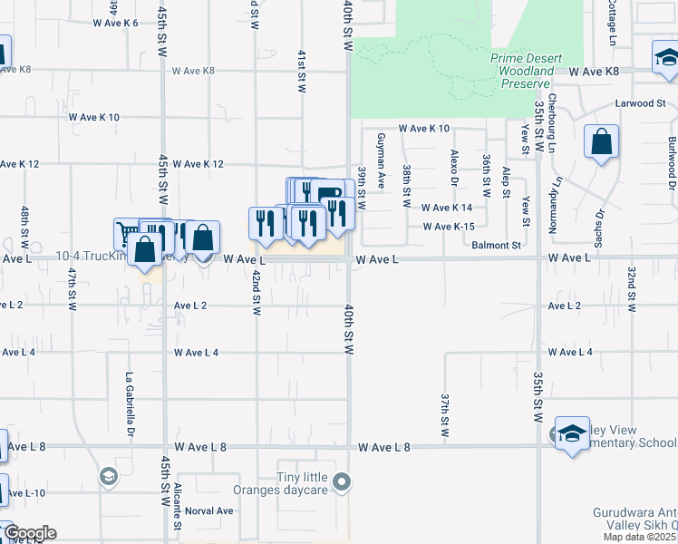 map of restaurants, bars, coffee shops, grocery stores, and more near 42719 40th Street West in Lancaster