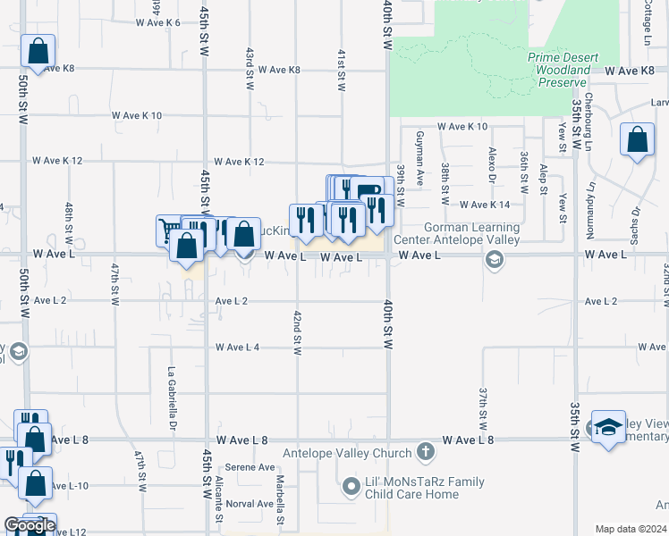 map of restaurants, bars, coffee shops, grocery stores, and more near 4125 Avenue L 2 in Quartz Hill
