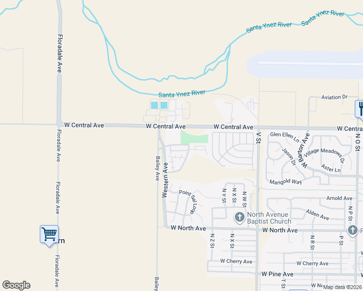 map of restaurants, bars, coffee shops, grocery stores, and more near 1321 Briar Creek Way in Lompoc