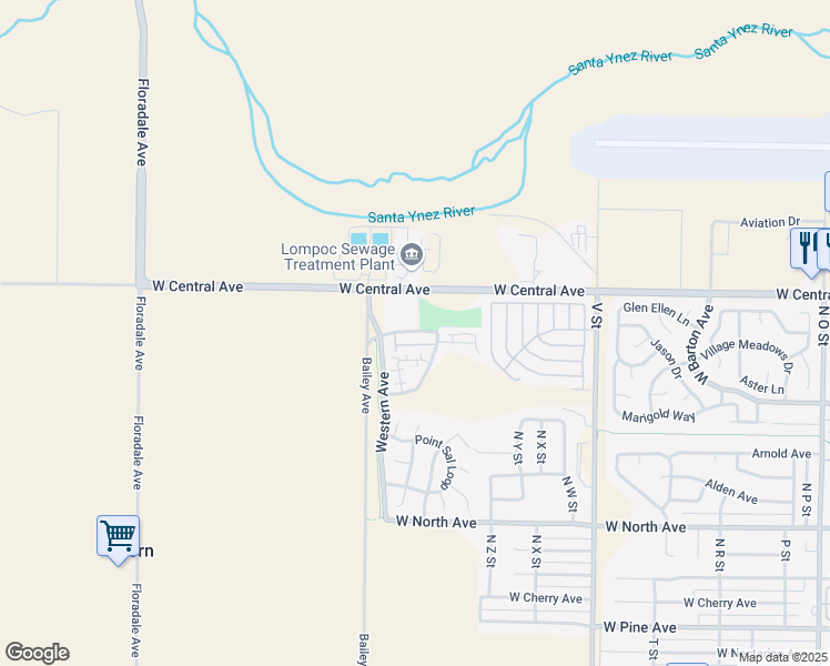 map of restaurants, bars, coffee shops, grocery stores, and more near 1321 Briar Creek Way in Lompoc