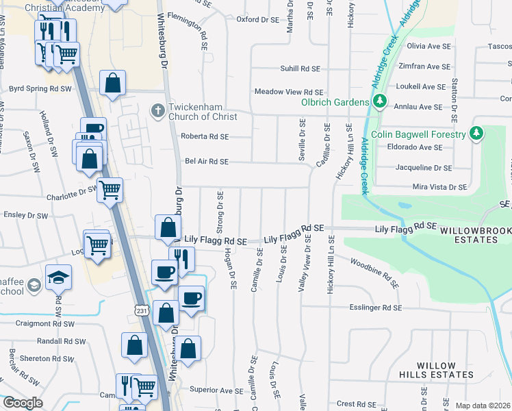 map of restaurants, bars, coffee shops, grocery stores, and more near 8103 Hogan Drive Southeast in Huntsville