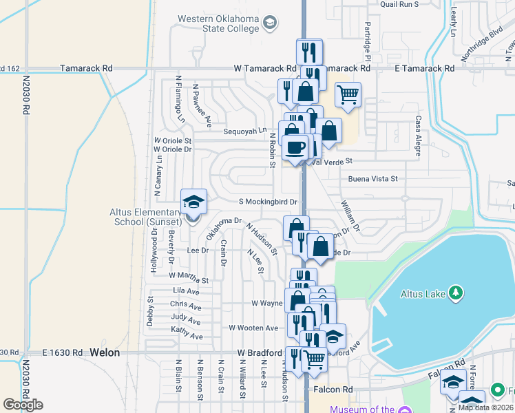 map of restaurants, bars, coffee shops, grocery stores, and more near 1901 Willard Drive in Altus