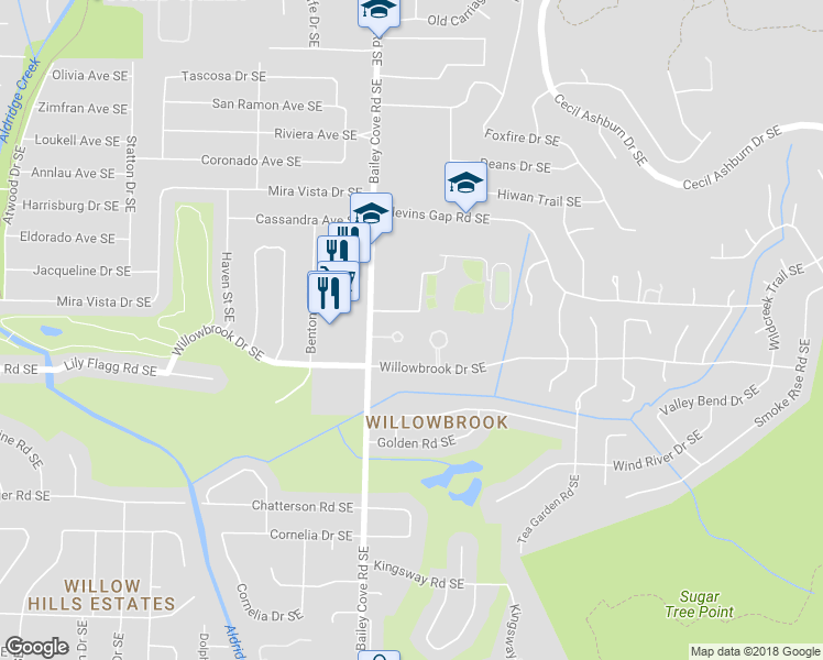 map of restaurants, bars, coffee shops, grocery stores, and more near 8207 Bailey Cove Road Southeast in Huntsville