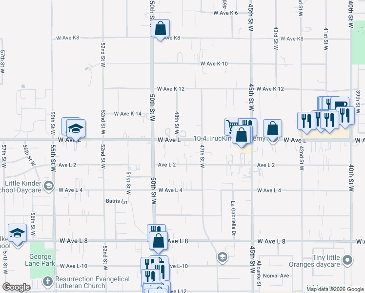 map of restaurants, bars, coffee shops, grocery stores, and more near 4748 West Avenue L in Lancaster