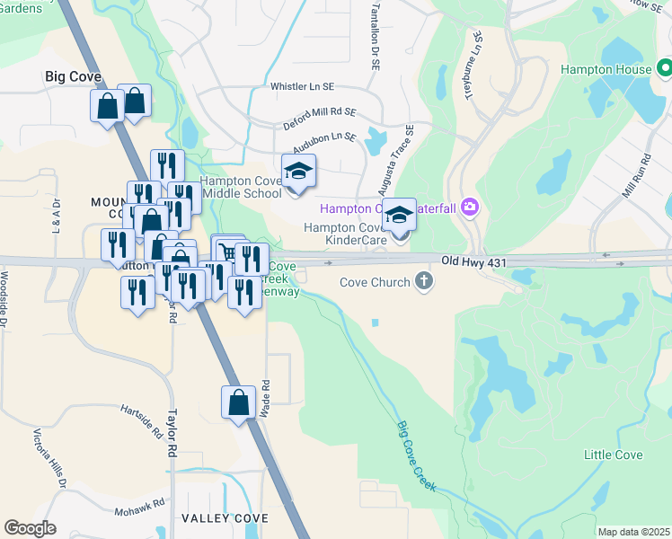 map of restaurants, bars, coffee shops, grocery stores, and more near 261 Old Highway 431 in Owens Cross Roads