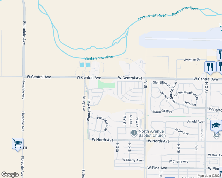 map of restaurants, bars, coffee shops, grocery stores, and more near 2074 Green Ridge Circle in Lompoc