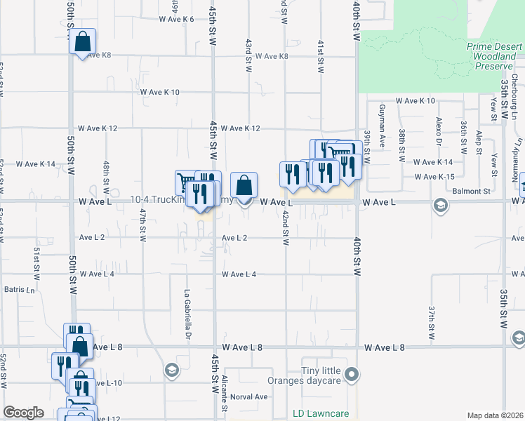 map of restaurants, bars, coffee shops, grocery stores, and more near 4242 West Avenue L in Lancaster