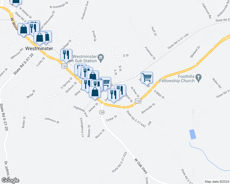 map of restaurants, bars, coffee shops, grocery stores, and more near 202 Oak Street in Westminster