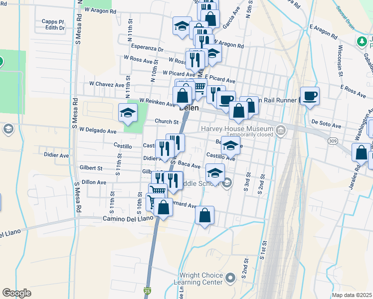 map of restaurants, bars, coffee shops, grocery stores, and more near 100 South Main Street in Belen