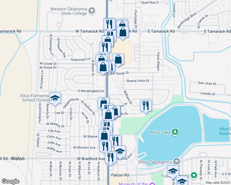 map of restaurants, bars, coffee shops, grocery stores, and more near 116 Buena Vista Loop in Altus