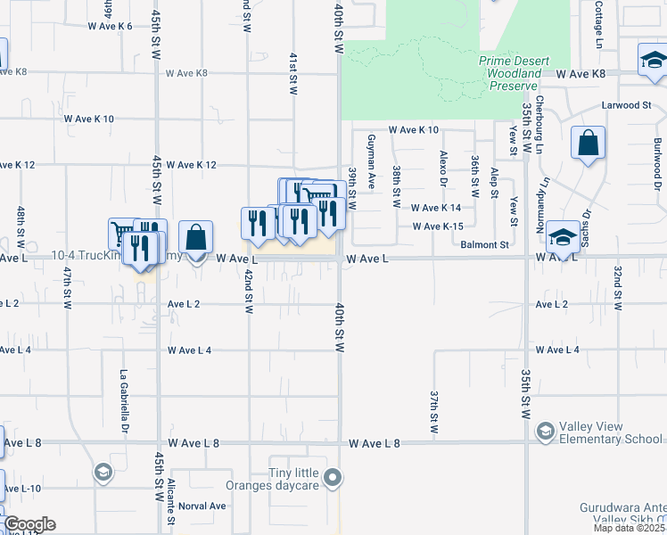 map of restaurants, bars, coffee shops, grocery stores, and more near 42755 40th Street West in Quartz Hill