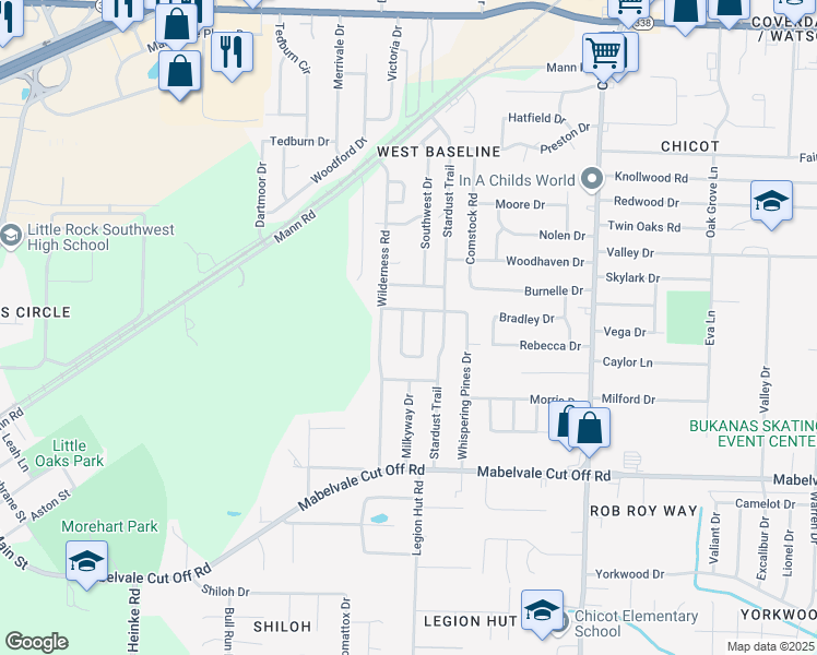 map of restaurants, bars, coffee shops, grocery stores, and more near 10001 Forester Cove in Little Rock