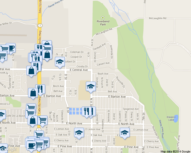 map of restaurants, bars, coffee shops, grocery stores, and more near 1321 Orchid Street in Lompoc