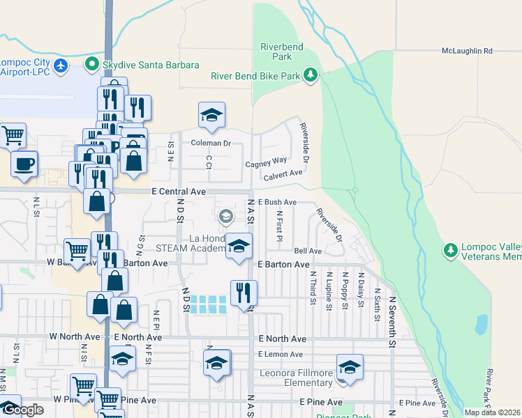 map of restaurants, bars, coffee shops, grocery stores, and more near 1321 Orchid Street in Lompoc