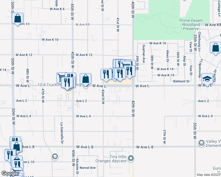 map of restaurants, bars, coffee shops, grocery stores, and more near 4128 West Avenue L in Quartz Hill