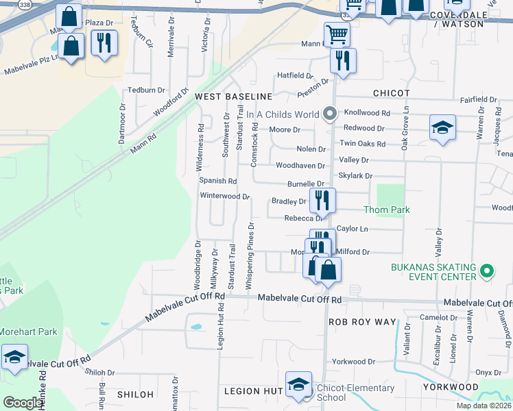 map of restaurants, bars, coffee shops, grocery stores, and more near 7916 Bradley Drive in Little Rock