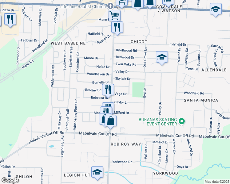 map of restaurants, bars, coffee shops, grocery stores, and more near 7515 Ember Lane in Little Rock