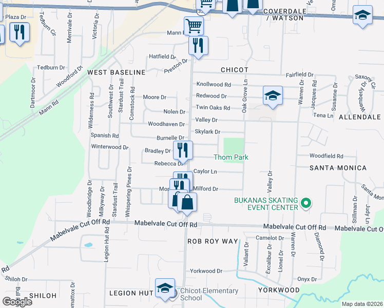 map of restaurants, bars, coffee shops, grocery stores, and more near 7515 Ember Lane in Little Rock