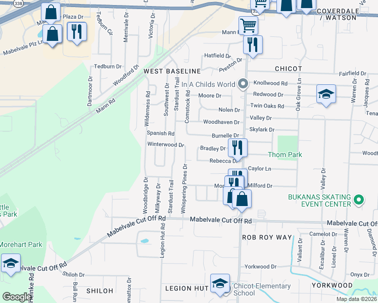 map of restaurants, bars, coffee shops, grocery stores, and more near 7916 Bradley Drive in Little Rock