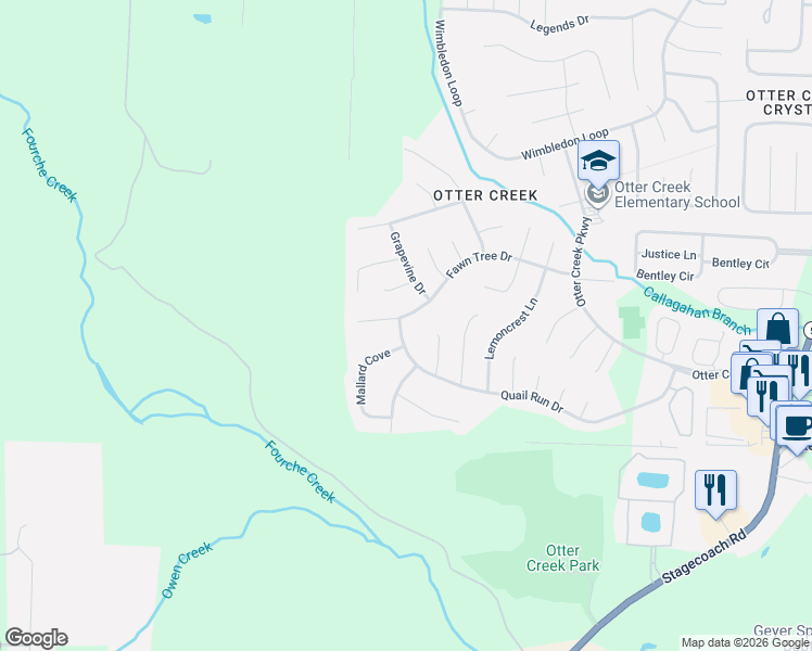 map of restaurants, bars, coffee shops, grocery stores, and more near 18608 Fawn Tree Drive in Little Rock