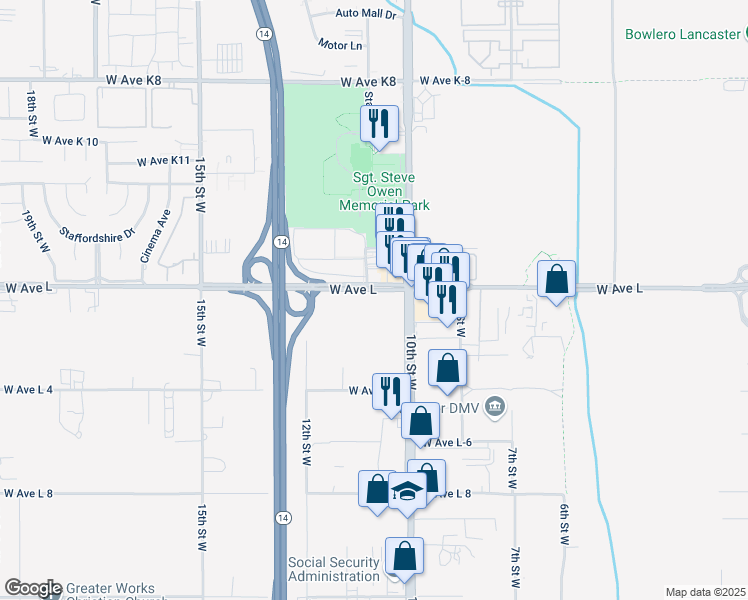 map of restaurants, bars, coffee shops, grocery stores, and more near 2 West Avenue J in Lancaster