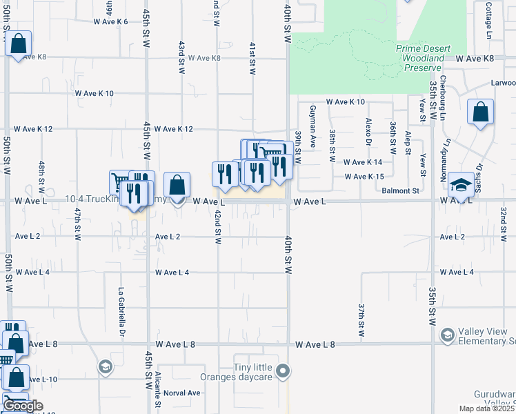 map of restaurants, bars, coffee shops, grocery stores, and more near 4052 West Avenue L in Lancaster