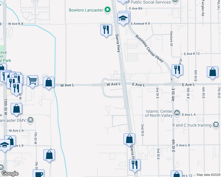 map of restaurants, bars, coffee shops, grocery stores, and more near 30 West Avenue L in Lancaster