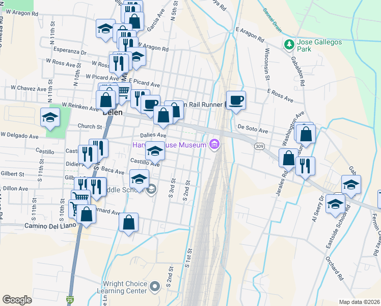 map of restaurants, bars, coffee shops, grocery stores, and more near 200 Becker Avenue in Belen