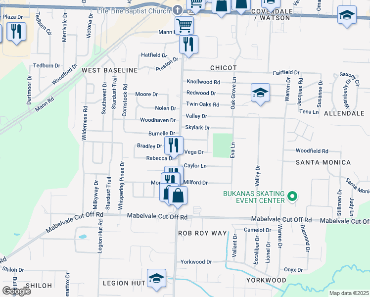 map of restaurants, bars, coffee shops, grocery stores, and more near 7515 Ember Lane in Little Rock