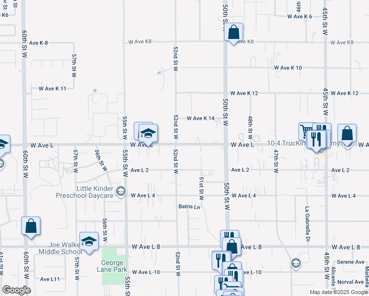 map of restaurants, bars, coffee shops, grocery stores, and more near 2 West Avenue L in Lancaster