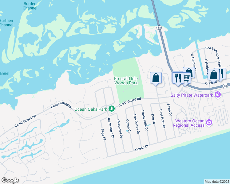 map of restaurants, bars, coffee shops, grocery stores, and more near 322 Cape Lookout Loop in Emerald Isle