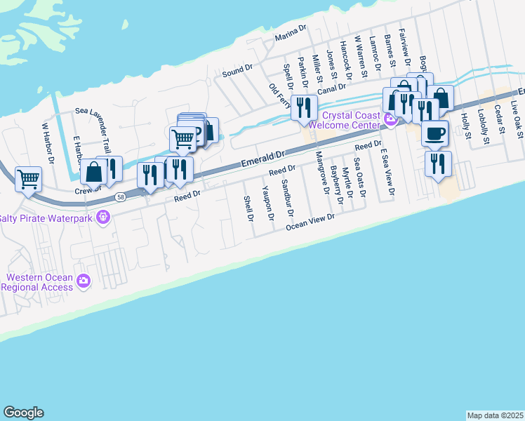 map of restaurants, bars, coffee shops, grocery stores, and more near 114 Shell Drive in Emerald Isle