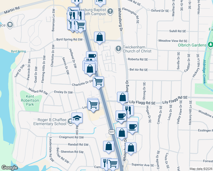 map of restaurants, bars, coffee shops, grocery stores, and more near 8001 Charlotte Drive Southwest in Huntsville