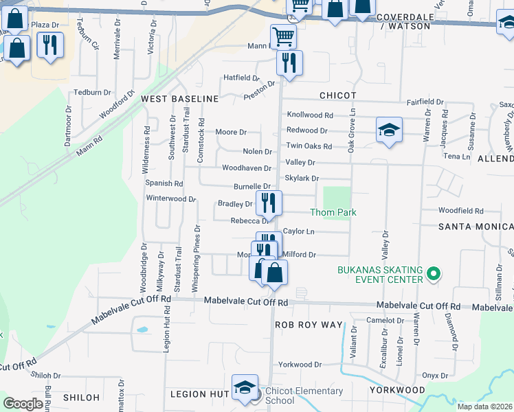 map of restaurants, bars, coffee shops, grocery stores, and more near 9909 Carrie Lane in Little Rock