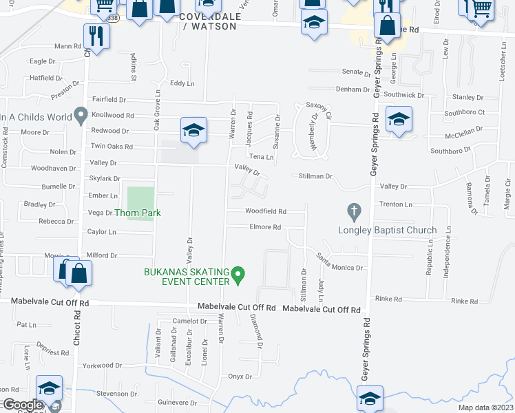 map of restaurants, bars, coffee shops, grocery stores, and more near 6610 Woodfield Rd in Little Rock